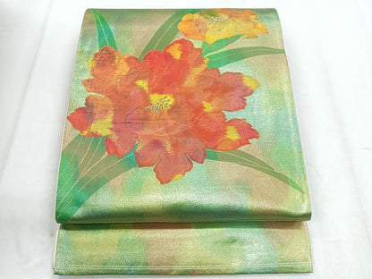 平和屋着物◎太鼓柄袋帯 草花文 金糸 正絹 逸品 CABD5103nb