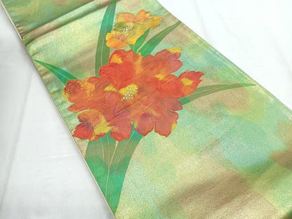 平和屋着物◎太鼓柄袋帯 草花文 金糸 正絹 逸品 CABD5103nb