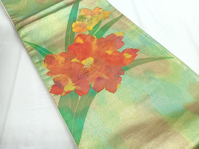 平和屋着物◎太鼓柄袋帯 草花文 金糸 正絹 逸品 CABD5103nb