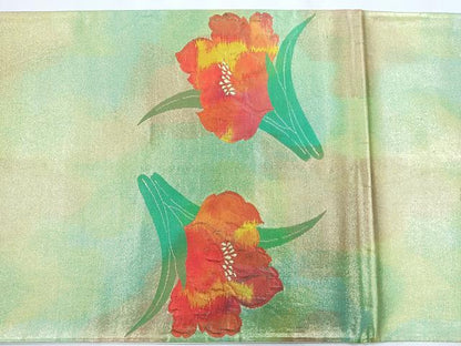 平和屋着物◎太鼓柄袋帯 草花文 金糸 正絹 逸品 CABD5103nb