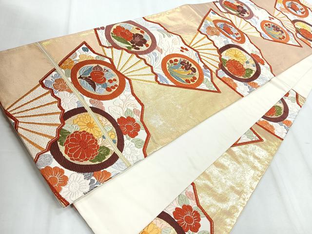 平和屋着物◎六通柄袋帯 唐織 扇面花文 金糸 正絹 逸品 CABD5104nb