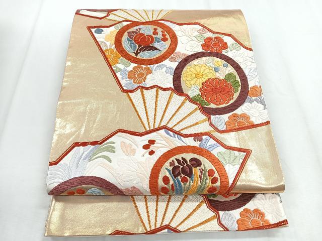 平和屋着物◎六通柄袋帯 唐織 扇面花文 金糸 正絹 逸品 CABD5104nb
