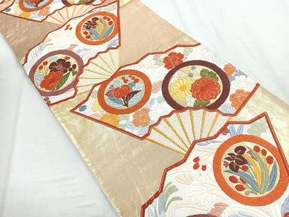 平和屋着物◎六通柄袋帯 唐織 扇面花文 金糸 正絹 逸品 CABD5104nb