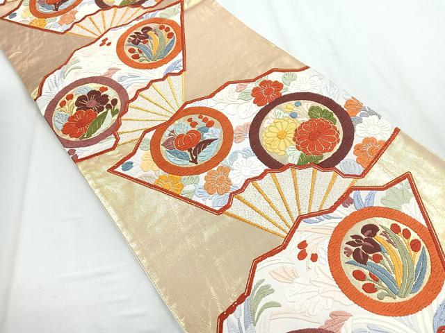 平和屋着物◎六通柄袋帯 唐織 扇面花文 金糸 正絹 逸品 CABD5104nb