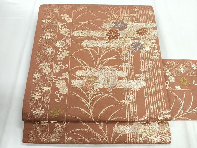 平和屋着物◎九寸名古屋帯　流水花文　金糸　正絹　逸品　CABD5108nb