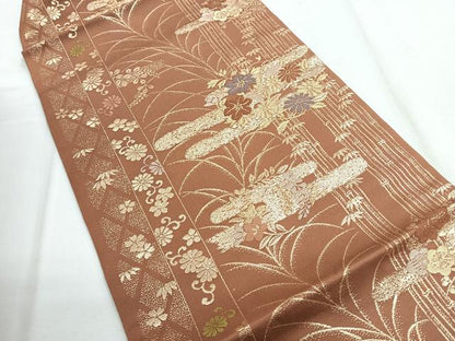 平和屋着物◎九寸名古屋帯　流水花文　金糸　正絹　逸品　CABD5108nb