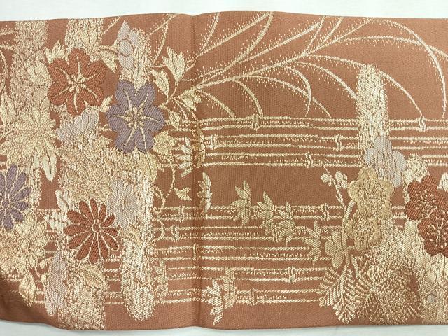 平和屋着物◎九寸名古屋帯　流水花文　金糸　正絹　逸品　CABD5108nb