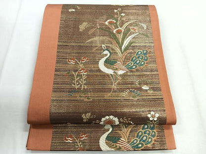平和屋着物◎六通柄袋帯　唐織　孔雀花文　金糸　正絹　逸品　CABD5121nb