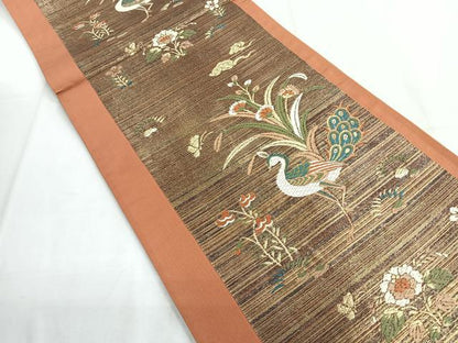 平和屋着物◎六通柄袋帯　唐織　孔雀花文　金糸　正絹　逸品　CABD5121nb