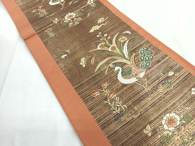 平和屋着物◎六通柄袋帯　唐織　孔雀花文　金糸　正絹　逸品　CABD5121nb