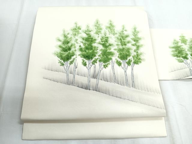 平和屋着物◎塩瀬 九寸名古屋帯 手描き 籬樹林文 暈し染め 正絹 逸品 CABD5128nb
