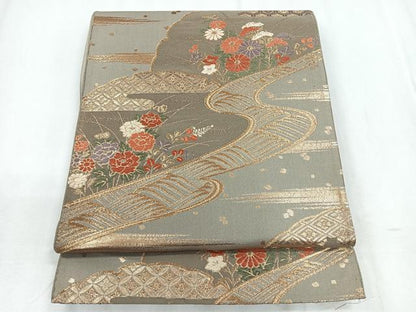 平和屋着物◎六通柄袋帯 唐織 流水花文 金糸 正絹 逸品 CABD5150nb