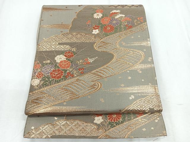 平和屋着物◎六通柄袋帯 唐織 流水花文 金糸 正絹 逸品 CABD5150nb