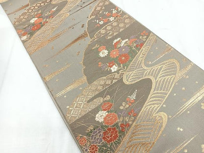 平和屋着物◎六通柄袋帯 唐織 流水花文 金糸 正絹 逸品 CABD5150nb