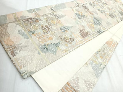 平和屋着物◎六通柄袋帯 格子花文 金銀糸 正絹 逸品 CABD5155nb