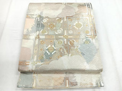 平和屋着物◎六通柄袋帯 格子花文 金銀糸 正絹 逸品 CABD5155nb