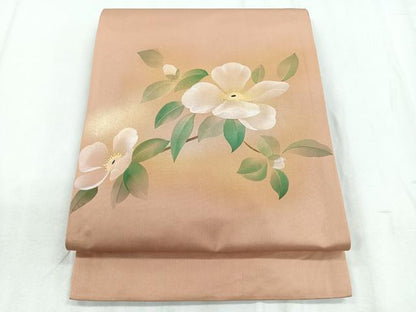 平和屋着物◎太鼓柄袋帯　手描き　草花文　金彩　正絹　逸品　CABD5174nb