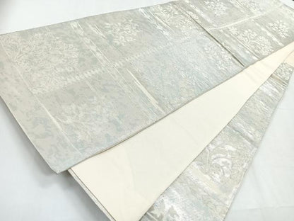 平和屋着物◎六通柄袋帯　格子花文　銀糸　正絹　逸品　CABD5181nb