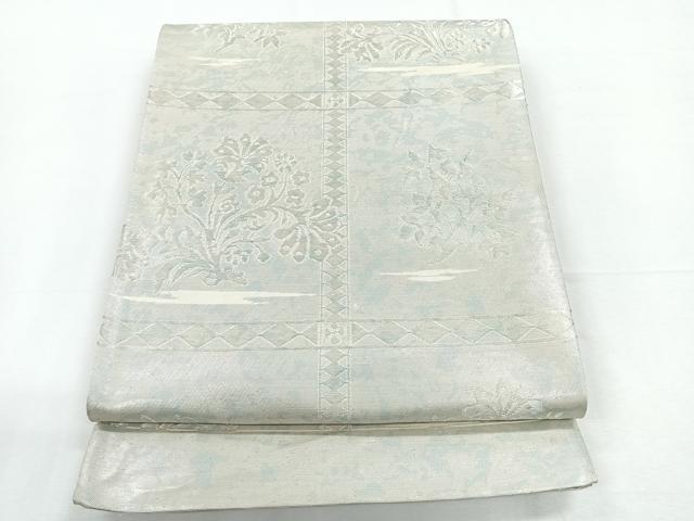 平和屋着物◎六通柄袋帯　格子花文　銀糸　正絹　逸品　CABD5181nb
