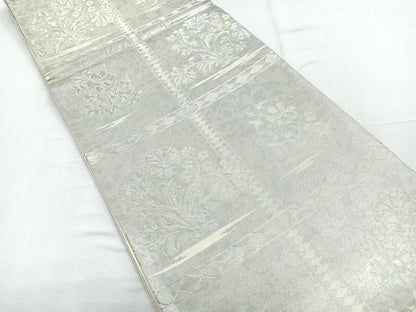 平和屋着物◎六通柄袋帯　格子花文　銀糸　正絹　逸品　CABD5181nb