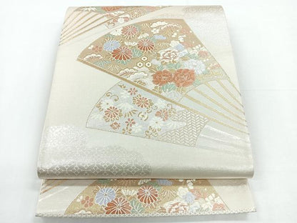 平和屋着物◎六通柄袋帯　唐織　扇面花鳥文　金銀糸　正絹　逸品　CABD5183nb