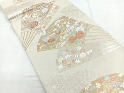 平和屋着物◎六通柄袋帯　唐織　扇面花鳥文　金銀糸　正絹　逸品　CABD5183nb