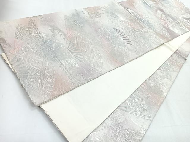平和屋着物◎六通柄袋帯　扇面花文　銀糸　正絹　逸品　CABD5188nb