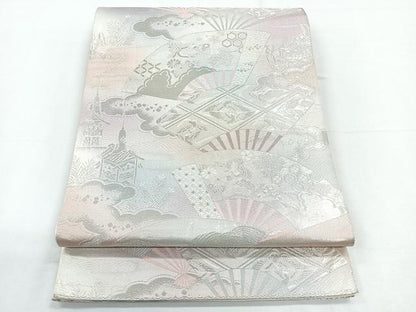平和屋着物◎六通柄袋帯　扇面花文　銀糸　正絹　逸品　CABD5188nb