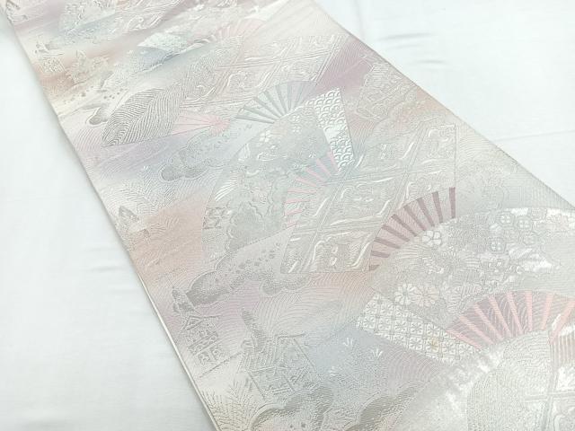 平和屋着物◎六通柄袋帯　扇面花文　銀糸　正絹　逸品　CABD5188nb