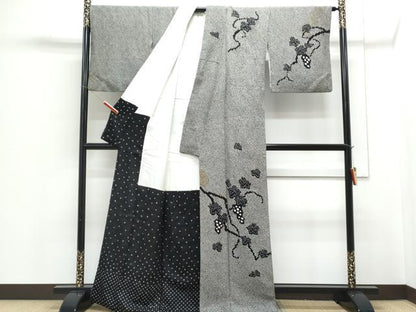 平和屋着物●訪問着　総絞り　枝花文　黒地　正絹　逸品　CABD5252th