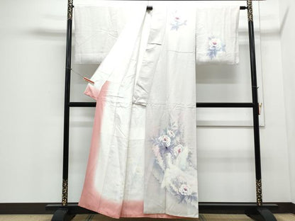 平和屋着物▼訪問着　手描き　花鳥文　暈し染め　正絹　逸品　CABD5274th