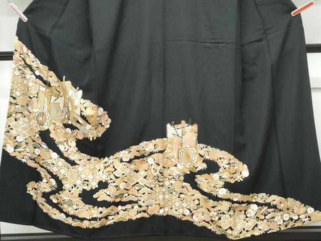 平和屋着物■豪華黒留袖　駒刺繍　御所車宝尽くし花文　金彩　正絹　逸品　CABD5408th