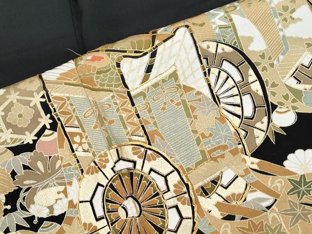 平和屋着物■豪華黒留袖　駒刺繍　御所車宝尽くし花文　金彩　正絹　逸品　CABD5408th