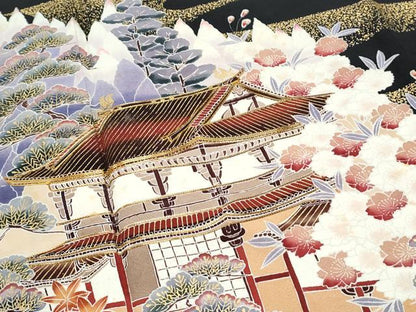 平和屋着物■豪華黒留袖　作家物　駒刺繍　風景文　金彩　ロング丈　正絹　逸品　CABD5415th