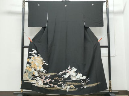 平和屋着物■豪華黒留袖　駒刺繍　風景花文　金彩　正絹　逸品　CABD5422th