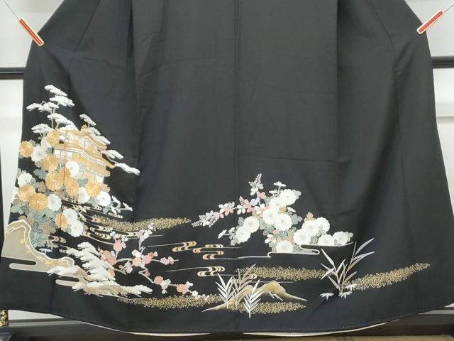 平和屋着物■豪華黒留袖　駒刺繍　風景花文　金彩　正絹　逸品　CABD5422th