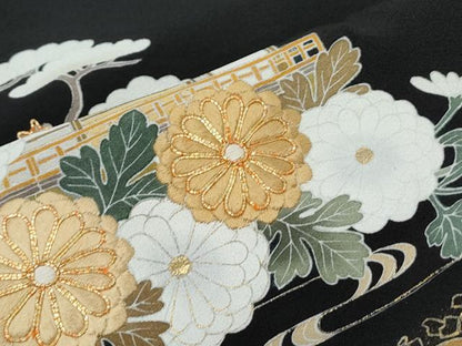 平和屋着物■豪華黒留袖　駒刺繍　風景花文　金彩　正絹　逸品　CABD5422th