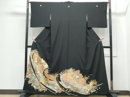 平和屋着物■豪華黒留袖　駒刺繍　地紙御所車花文　金彩　正絹　逸品　CABD5464th