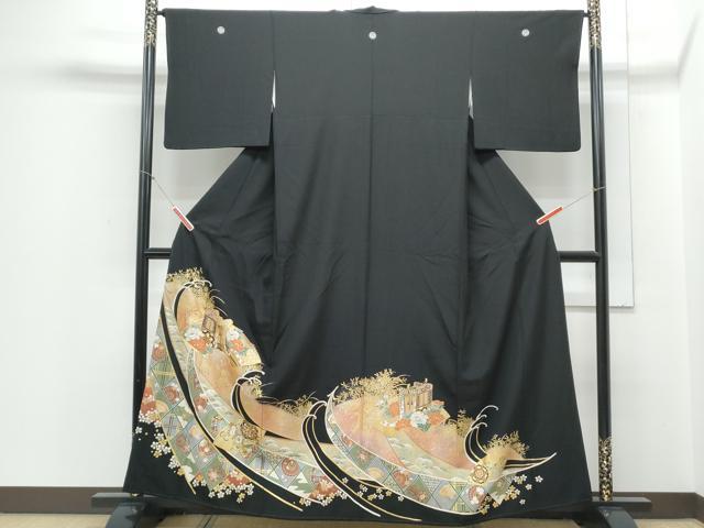 平和屋着物■豪華黒留袖　駒刺繍　地紙御所車花文　金彩　正絹　逸品　CABD5464th
