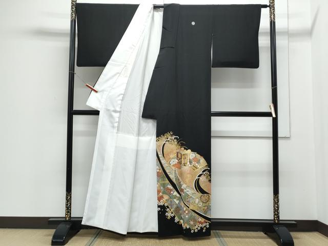 平和屋着物■豪華黒留袖　駒刺繍　地紙御所車花文　金彩　正絹　逸品　CABD5464th