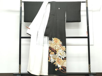 平和屋着物▼豪華黒留袖　駒刺繍　桧扇花文　金銀糸　正絹　逸品　CABD5491th