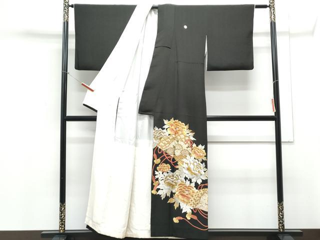 平和屋着物▼豪華黒留袖　駒刺繍　桧扇花文　金銀糸　正絹　逸品　CABD5491th