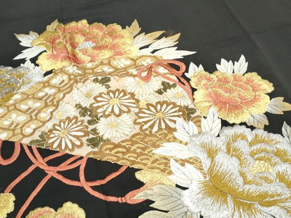 平和屋着物▼豪華黒留袖　駒刺繍　桧扇花文　金銀糸　正絹　逸品　CABD5491th