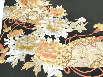 平和屋着物▼豪華黒留袖　駒刺繍　桧扇花文　金銀糸　正絹　逸品　CABD5491th