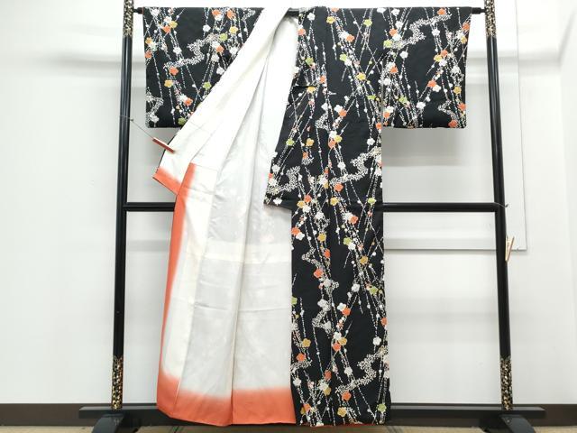 平和屋着物■上質な小紋 絞り 舞花文 黒地 正絹 逸品 CABD5555th