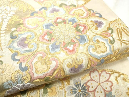 平和屋着物●六通柄袋帯　作家物　唐織　彩園祥麗花華文　金糸　正絹　逸品　CABD5605hy