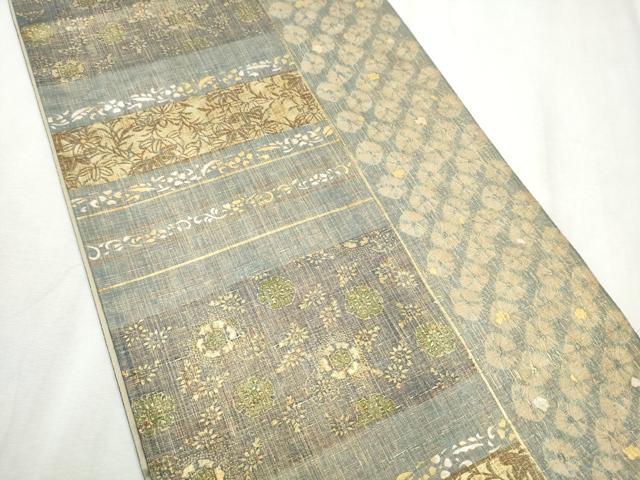 平和屋着物●石川県指定無形文化財　牛首紬　白山工房　手織り　全通柄袋帯　草花文　金銀彩　正絹　逸品　CABD5606hy