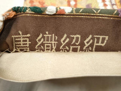 平和屋着物●六通柄袋帯　唐織　草木染　紹巴　源氏車藤文　金糸　正絹　逸品　CABD5616hy