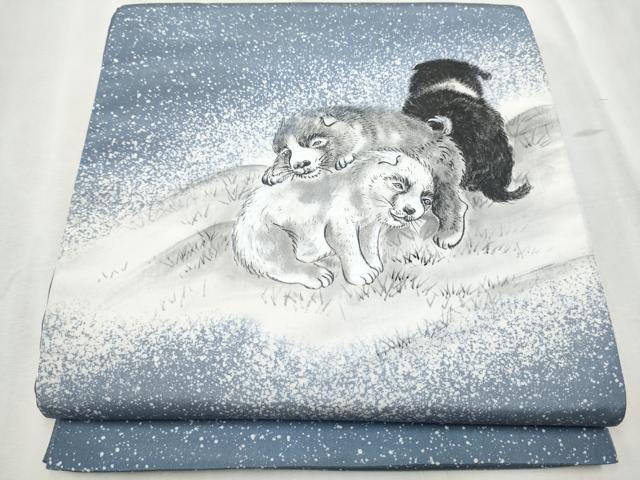 平和屋着物●本場大島紬　太鼓柄袋帯　手描き　犬　正絹　逸品　CABD5628hy