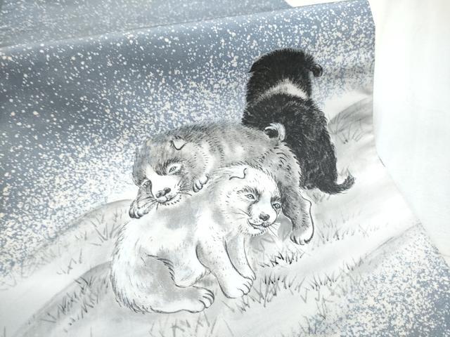 平和屋着物●本場大島紬　太鼓柄袋帯　手描き　犬　正絹　逸品　CABD5628hy